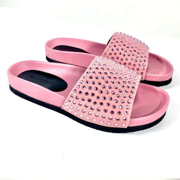 NEW JW ANDERSON Pink Suede Crystal Italian Leather Sandal Slides Size 9 - Picture 1 of 10
